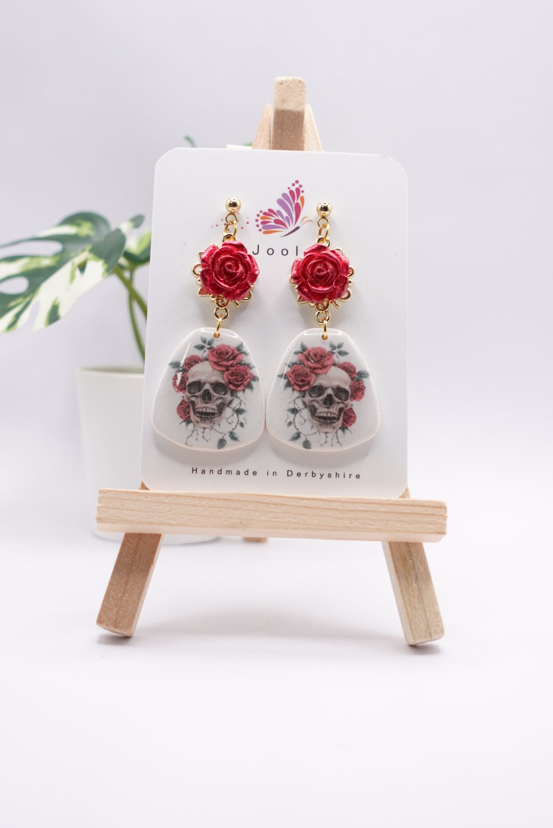 Red Skull Rose Dangle Earrings